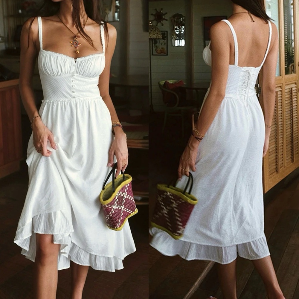 Commense White Midi Dress with Ruffle Hem Cami Plain